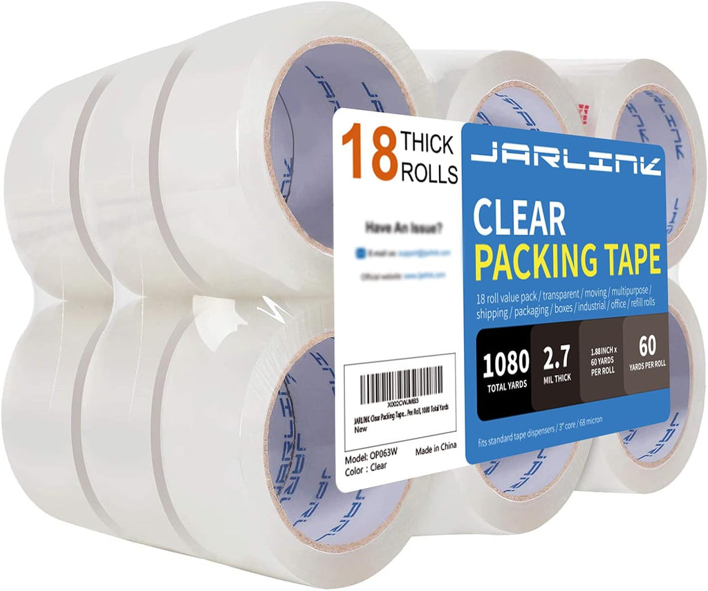 18 Rolls Clear Packing Tape, Heavy Duty Packaging Tape | 2.7mil Thick and 1.88" Wide. 60 Yards per Roll, 1080 Total