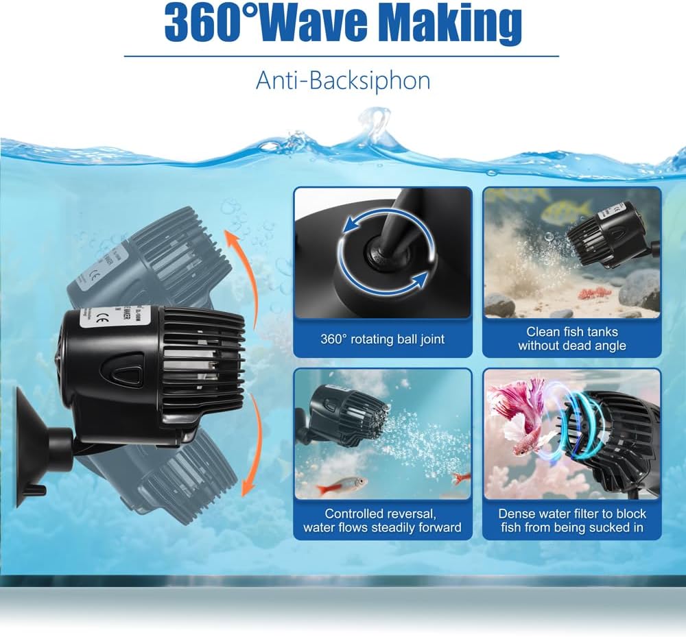 800GPH Mini Aquarium Circulation Pump Ultra-quiet Fish Tank Wave Maker With Suction Cup 360 Degree Rotatable Aquarium