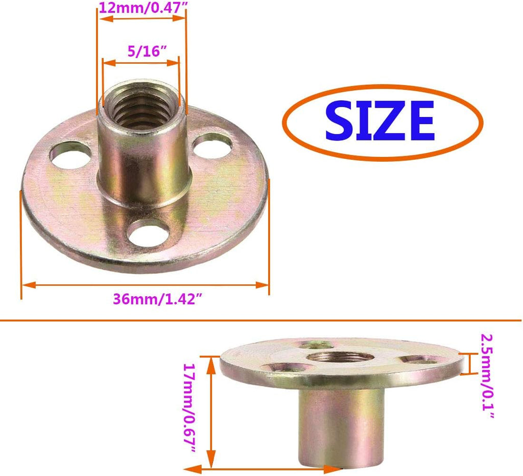 Socell 5/16"-18 T Nuts Brad Hole Carbon Steel Round Base Screw-in T-Nuts Furniture Hardware Flange Insert Female Thread T-Nut 5/16"-18（12pcs）
