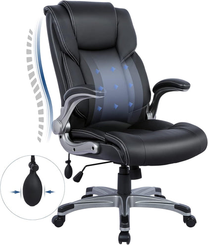 High Back Executive Office Chair - Padded Leather Ergonomic Computer Desk Chair with Inflatable Lumbar Support &