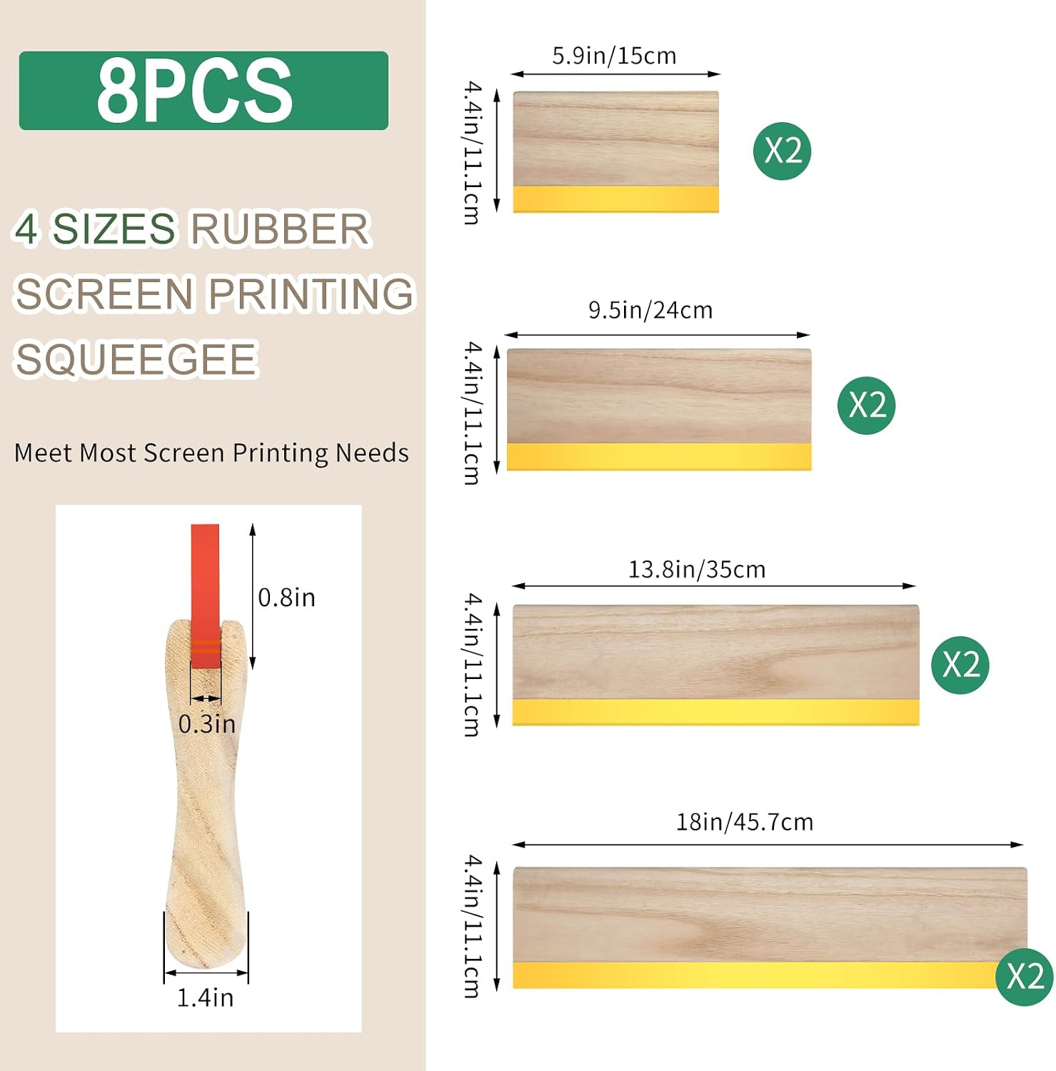 8 Pcs 4 Sizes Screen Printing Squeegee 75 Durometer Wooden Ink Scraper Rubber Art Squeegee Silk Stencil Printing