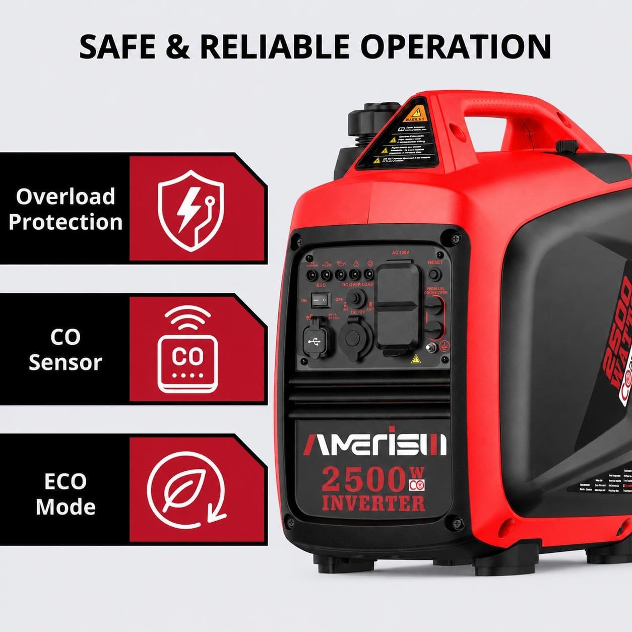 Portable Inverter Generator 2500W, Quiet Gas Power With CO Alarm | Lightweight & Long Runtime,Parallel Capable