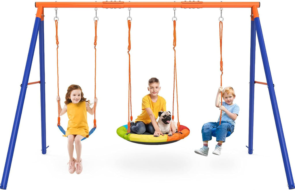 Swing Sets for Backyard, 3 Seats with Saucer, Belt and Disc Swing | 3 stations for larger families: 32" saucer, 26"
