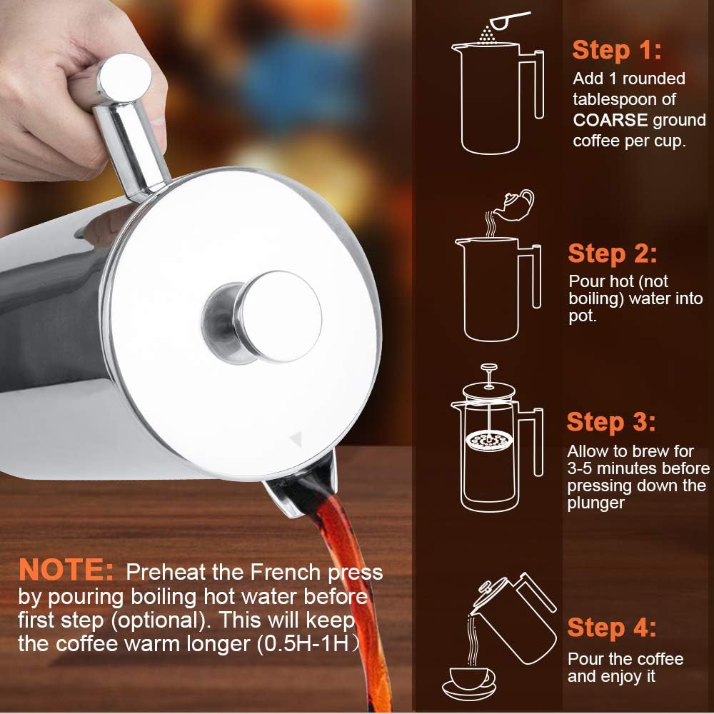 French Press Coffee Maker, 304 Grade Stainless Steel Insulated Coffee Press with 2 Extra Screens, 50oz (1.5 Litre)