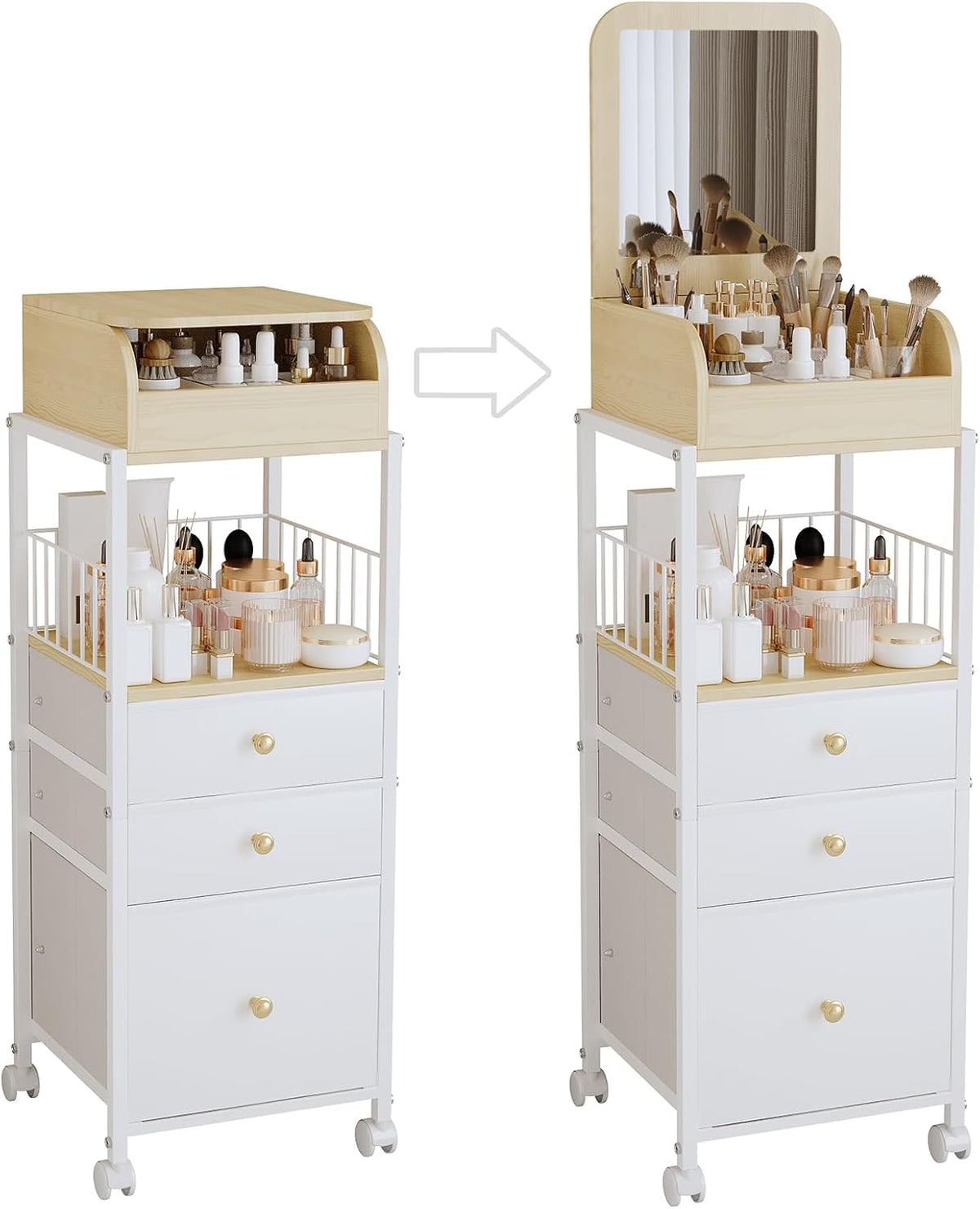 Makeup Cart Organizer with Mirror-Floor Makeup Organizer Cart with Drawers