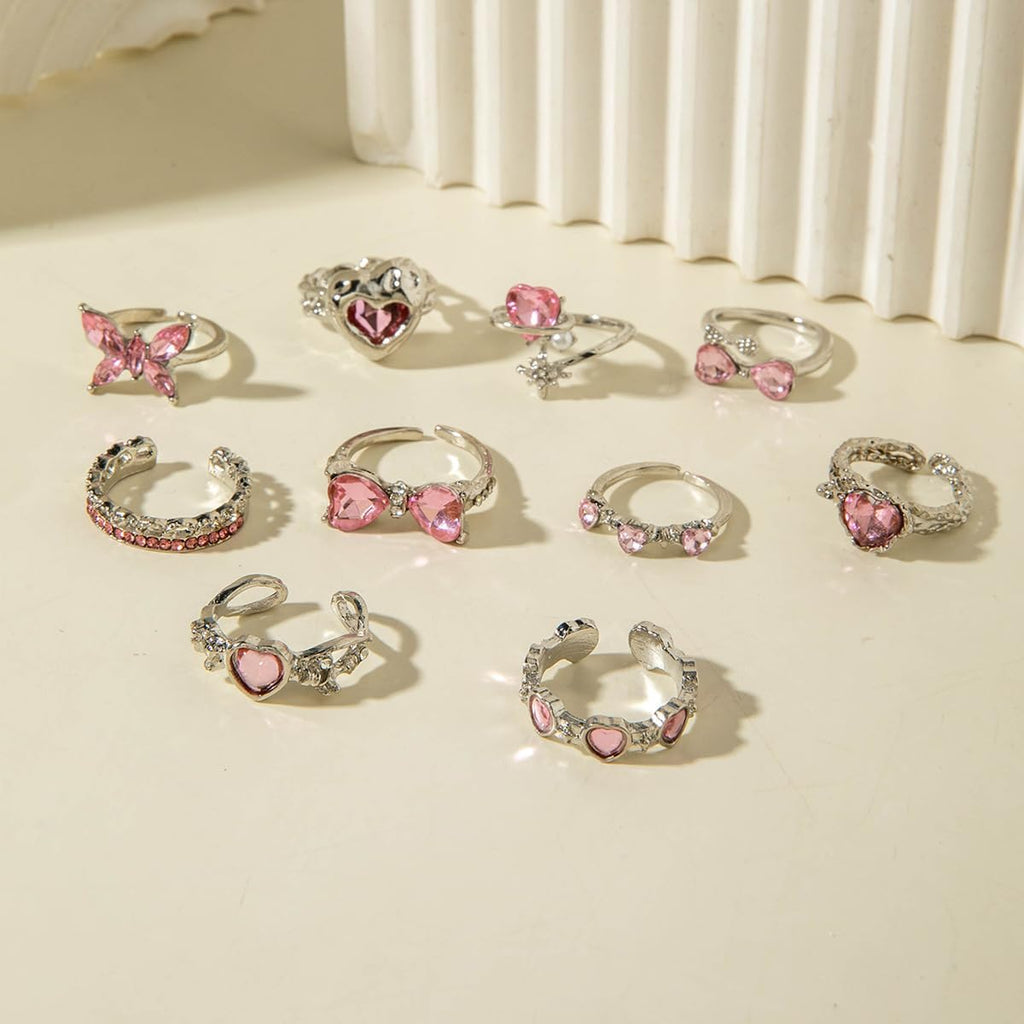 Gold Rings Sets for Women Pink Rhinestone Crystal Ring Heart Butterfly Bowknot Knuckle Joint Rings Set Vintage Boho