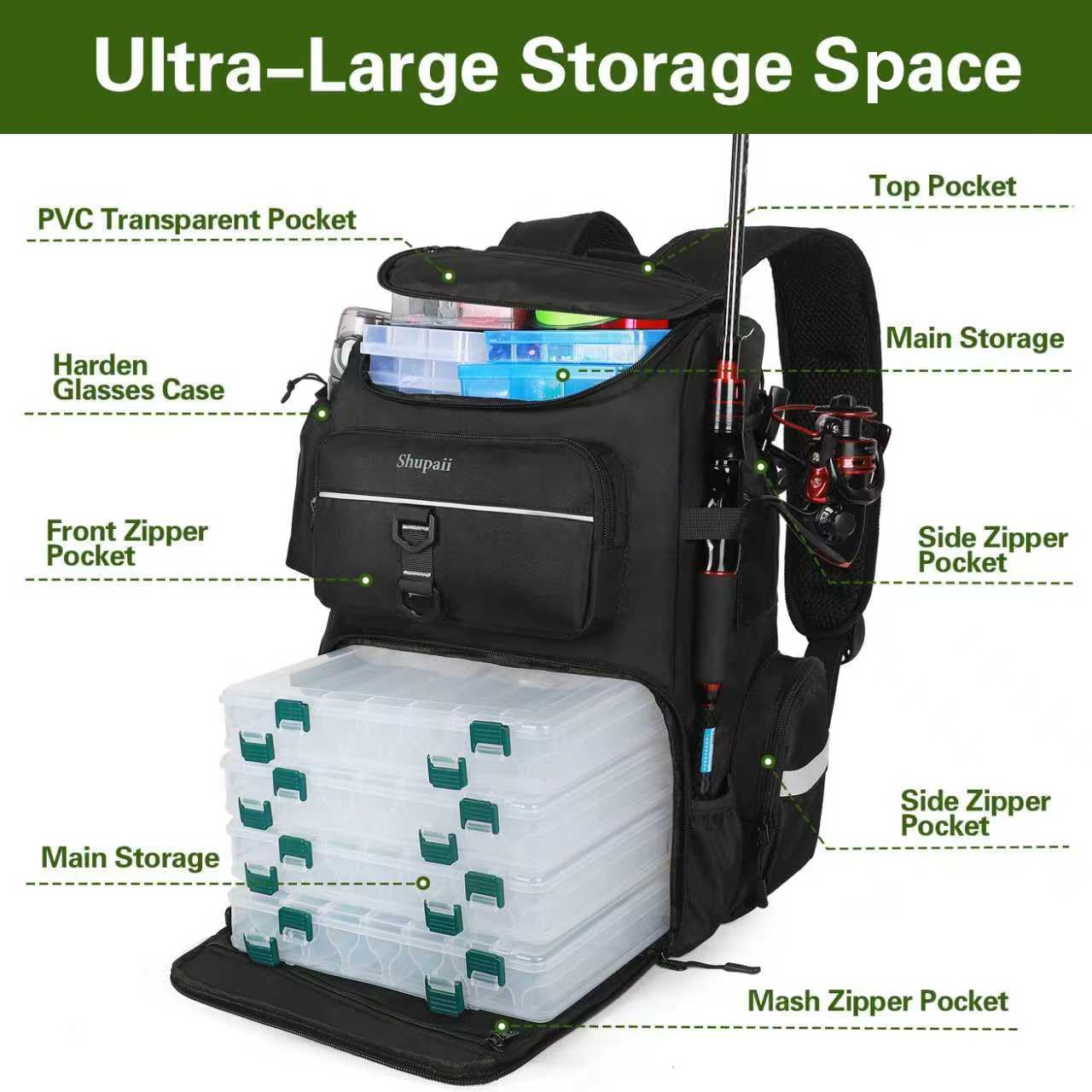 Fishing Backpack with Rod Holder | Large, Water Resistant, Tackle Storage Bag, Fishing Gear, Gifts for Men