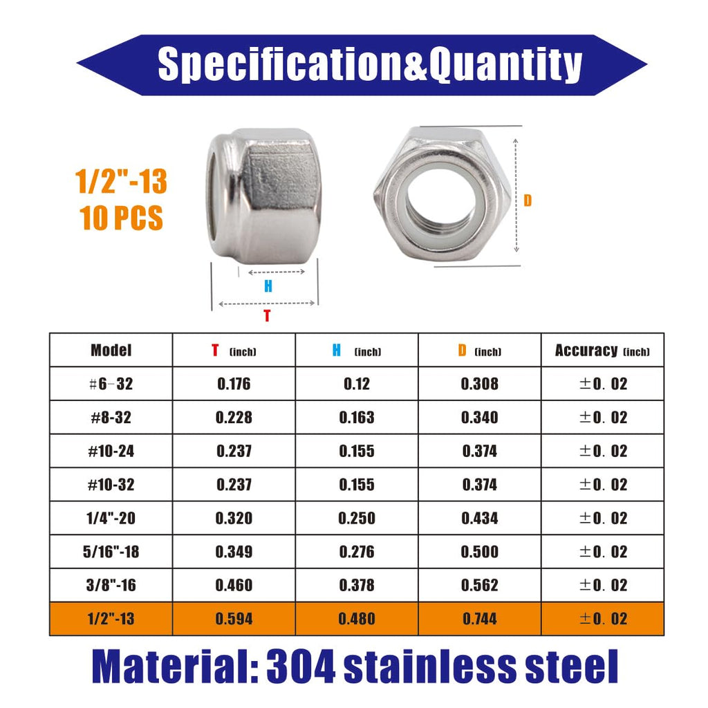 1/2-13 Lock Nut, 10Pcs 304 Stainless Steel Nylock Insert Locking Nuts