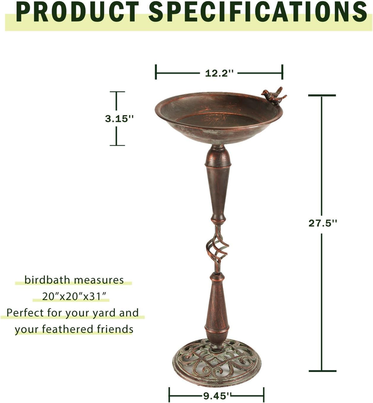Cast Iron Pedestal Bird Bath,Metal Bird Bath for Outdoor,Vintage Birdbath
