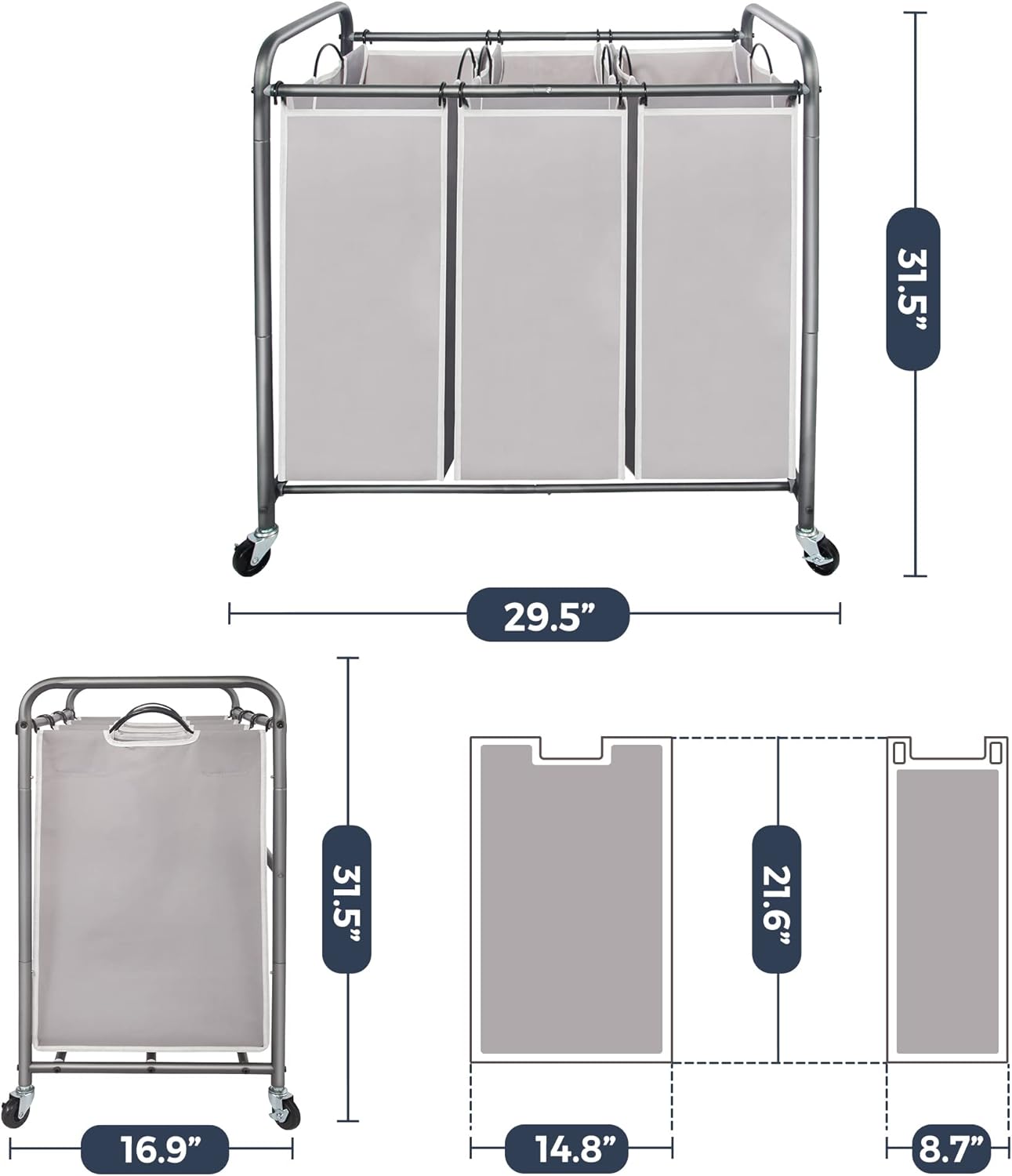 Laundry Sorter 3 Section, 3 Bag Clothes Hamper, Rolling Laundry Cart Basket with Heavy Duty Lockable Wheels and