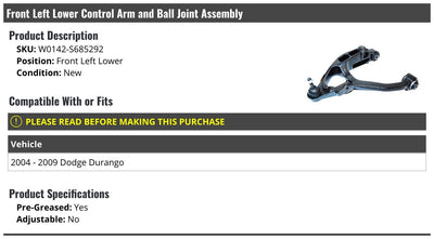 Marketplace Auto Parts - Front Left Driver Side Lower Control Arm and Ball Joint Assembly - Compatible with 2004-2009 Dodge Durango
