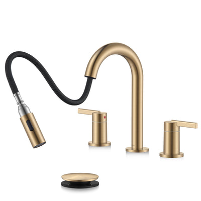 Champagne Bronze Pull Down Widespread Bathroom Faucet 2 Handle 3 Hole
