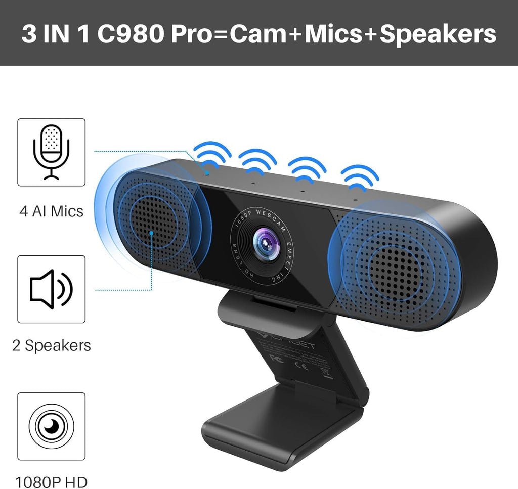 C980 PRO 3-in-1 1080P Webcam with Microphone and Speaker, 60°-98° FOV | Wide Angle Webcam w/ 4 Noise Cancel Mics 2