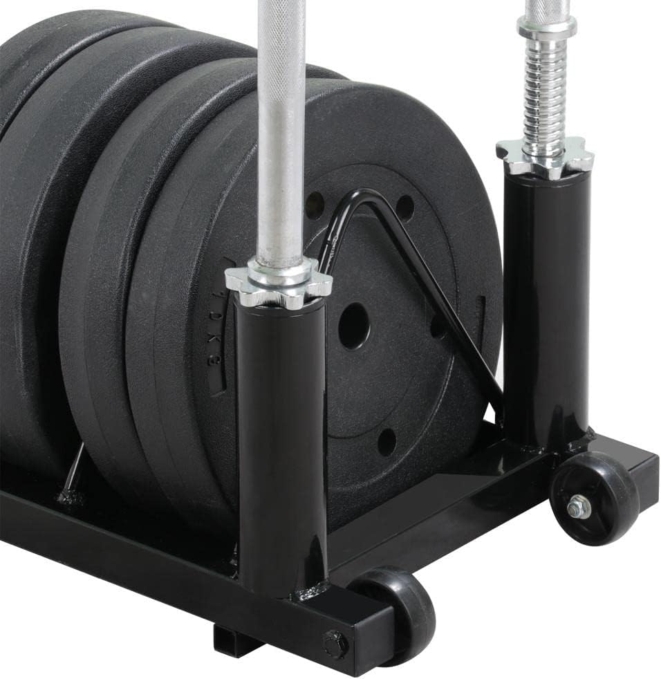 Horizontal Bumper Weight Plate Rack, 2 Barbell Holders and Wheels | Heavy-duty iron frame stores up to 300 lbs of