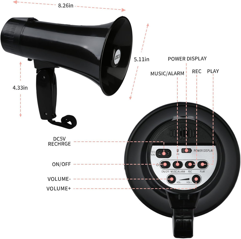 20 Watt Rechargeable Megaphone Bullhorn Speaker, Siren and 240s Recording, Portable Mega Phone with Power Display and