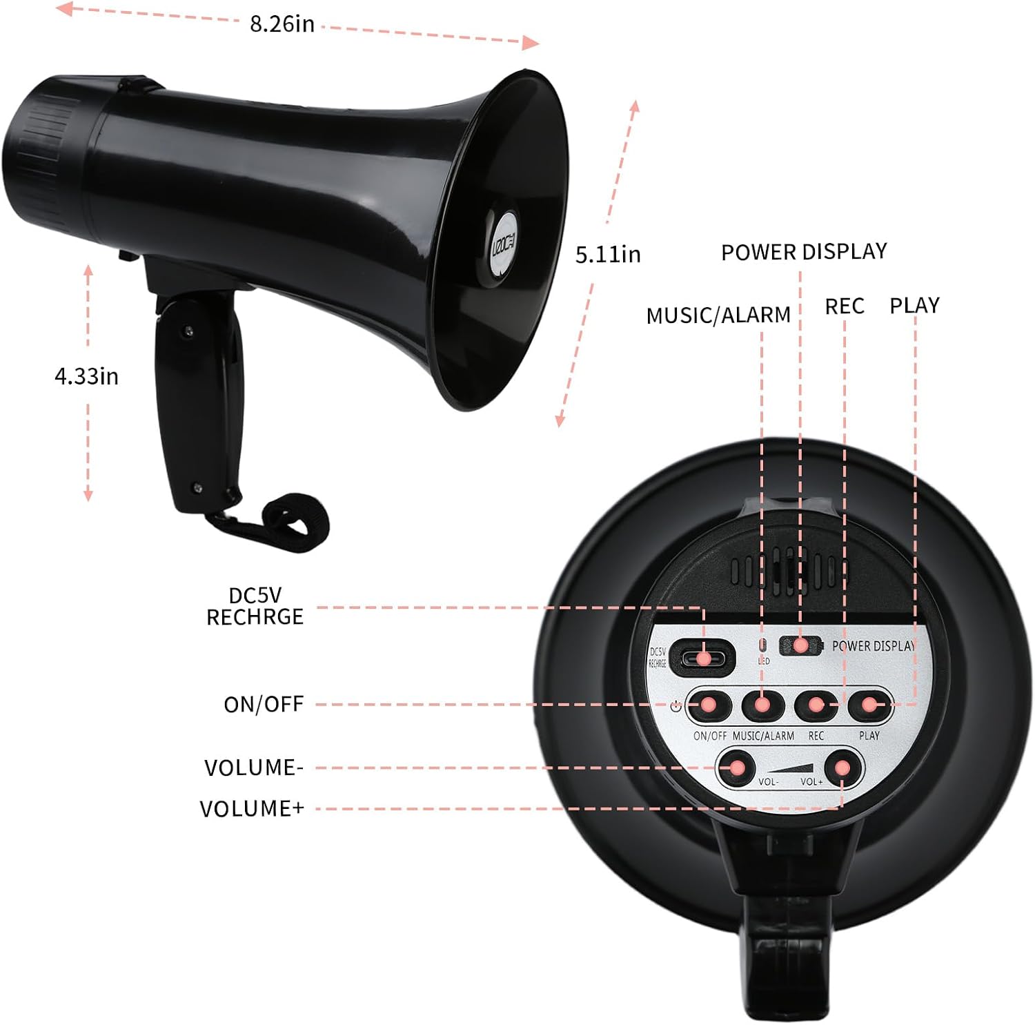 20 Watt Rechargeable Megaphone Bullhorn Speaker, Siren and 240s Recording, Portable Mega Phone with Power Display and