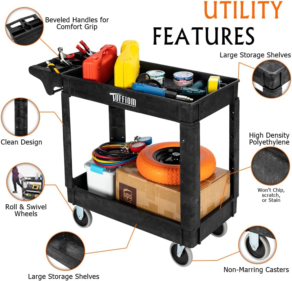 Plastic Service Utility Cart with Wheels, 550lbs Capacity Heavy Duty Tub Storage Cart W/Deep Shelves, Multipurpose
