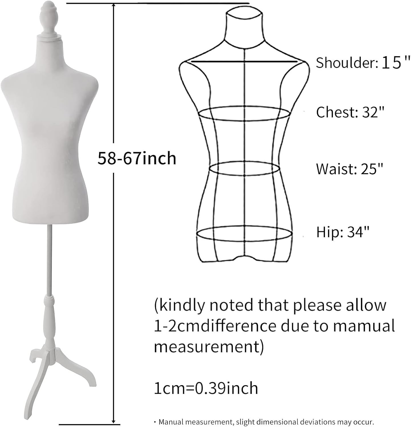 Female Dress Form Mannequin Torso with Wooden Tripod Stand 55-67 Inch Height Adjustable Mannequin Body for Sewing