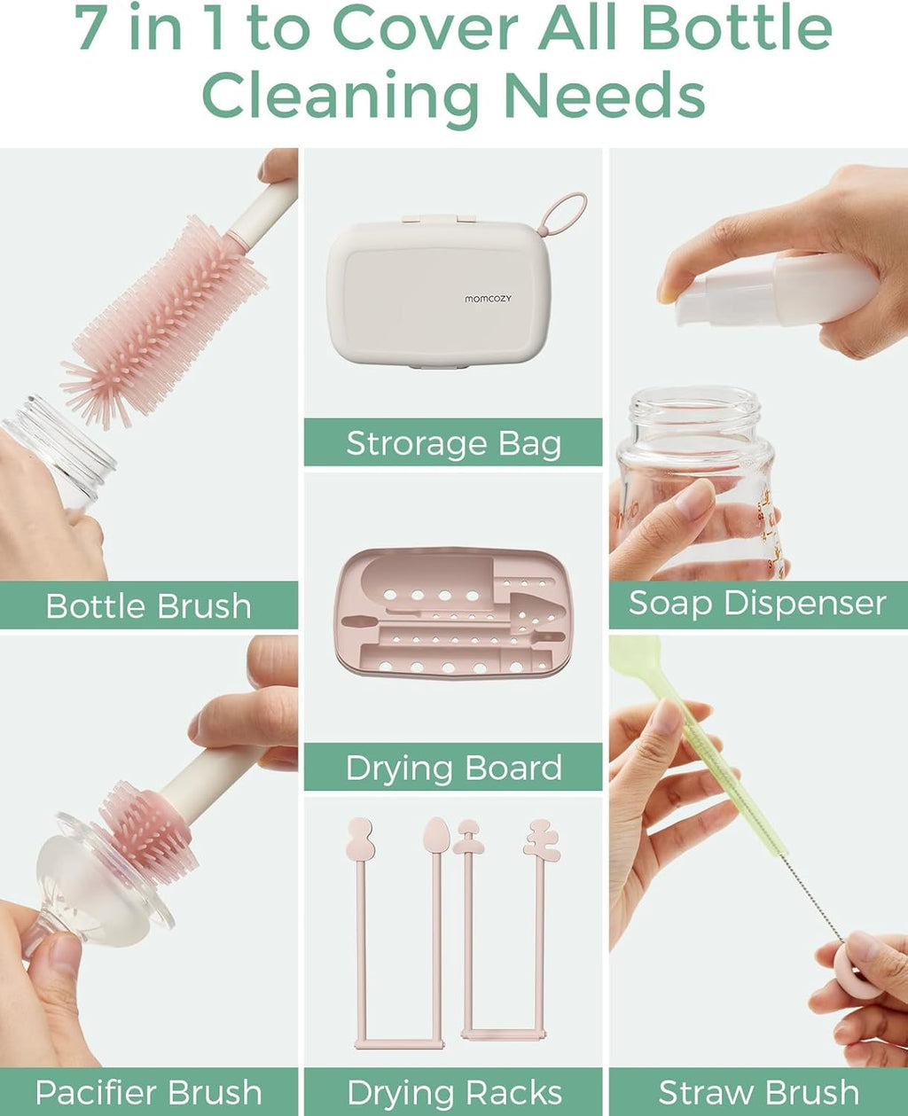 7-in-1 Baby Bottle Cleaner Kit with Silicone, Nipple & Straw Brushes, Soap Dispenser and Drying Rack - Portable