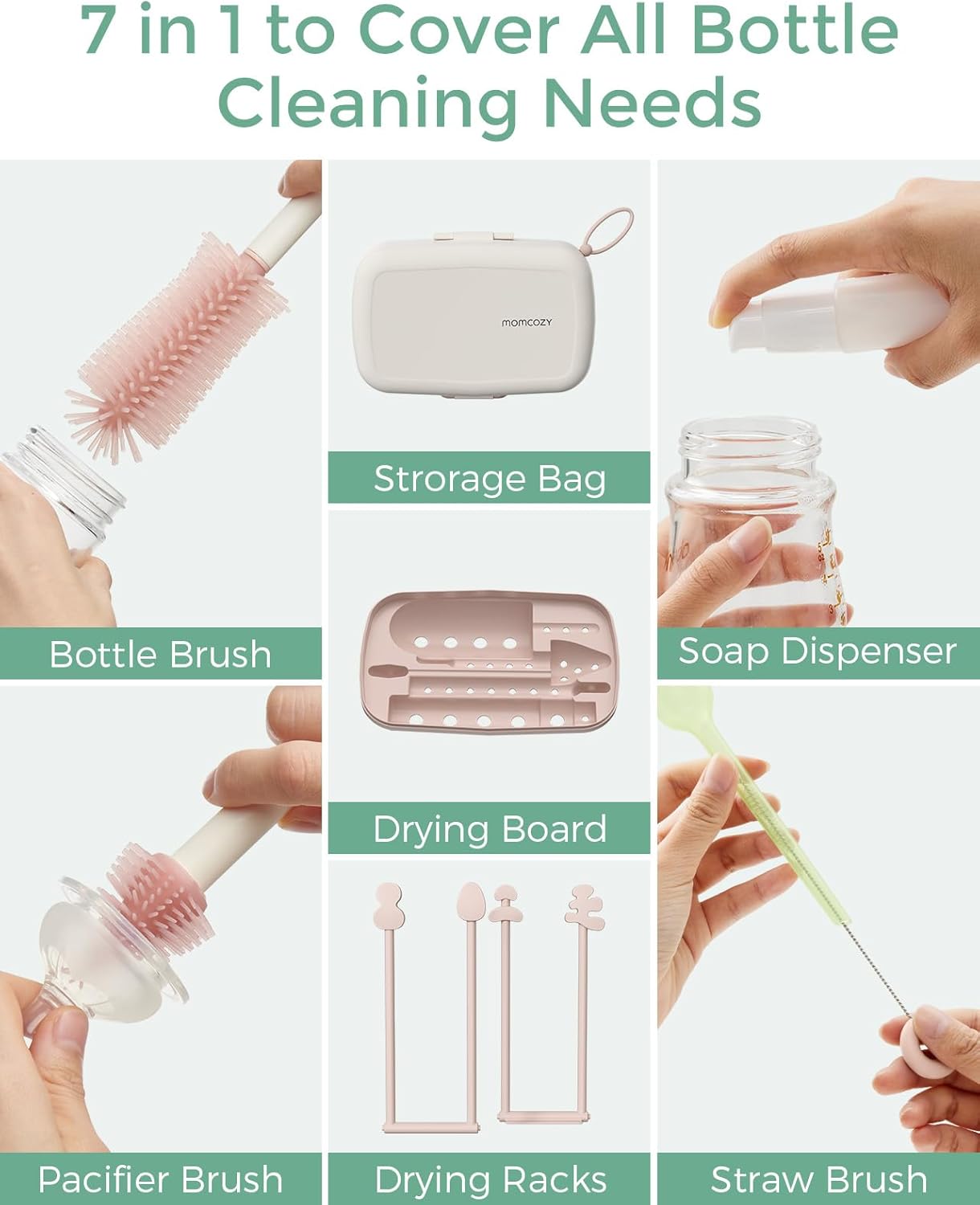 7-in-1 Baby Bottle Cleaner Kit with Silicone, Nipple & Straw Brushes, Soap Dispenser and Drying Rack - Portable