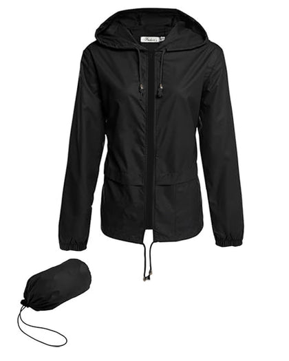 Women Light Hooded Raincoat Waterproof Packable Rainwear Black L
