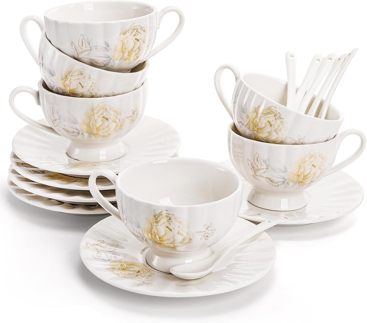 Tea Cups and Saucers Set of 6, 7 Oz, Microwave Safe