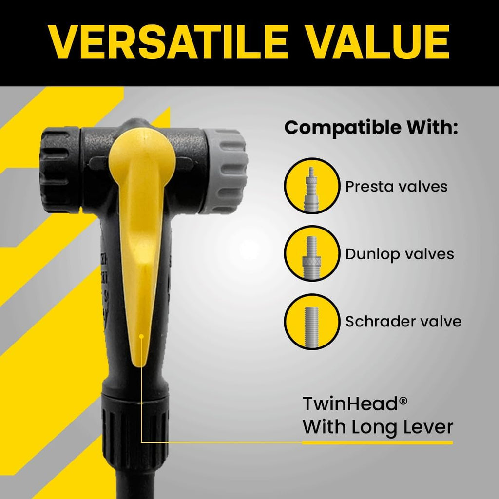 JoeBlow Max Hp Bike Floor Pump, 160 Psi/11 Bar, TwinHead, fits Presta, Schrader, and Dunlop valves