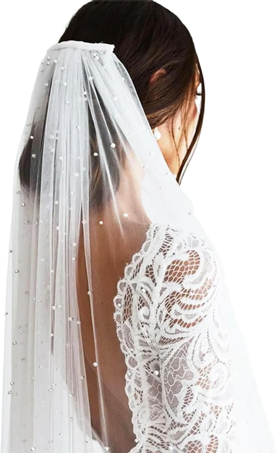 White Pearl Bride Veil Long Bridal Pearl Veils with Hair Comb Wedding Accessories for Women Girls White 1 Tier Long