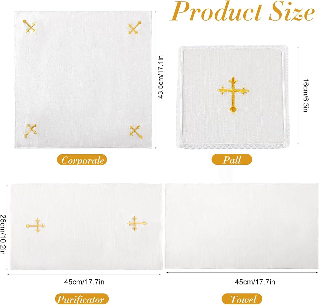 4 Pcs Altar Supplies Linen Corporal for Churches Set(Pall,Corporal,Purificator,Towel),White Linen Altar Cloth Gold