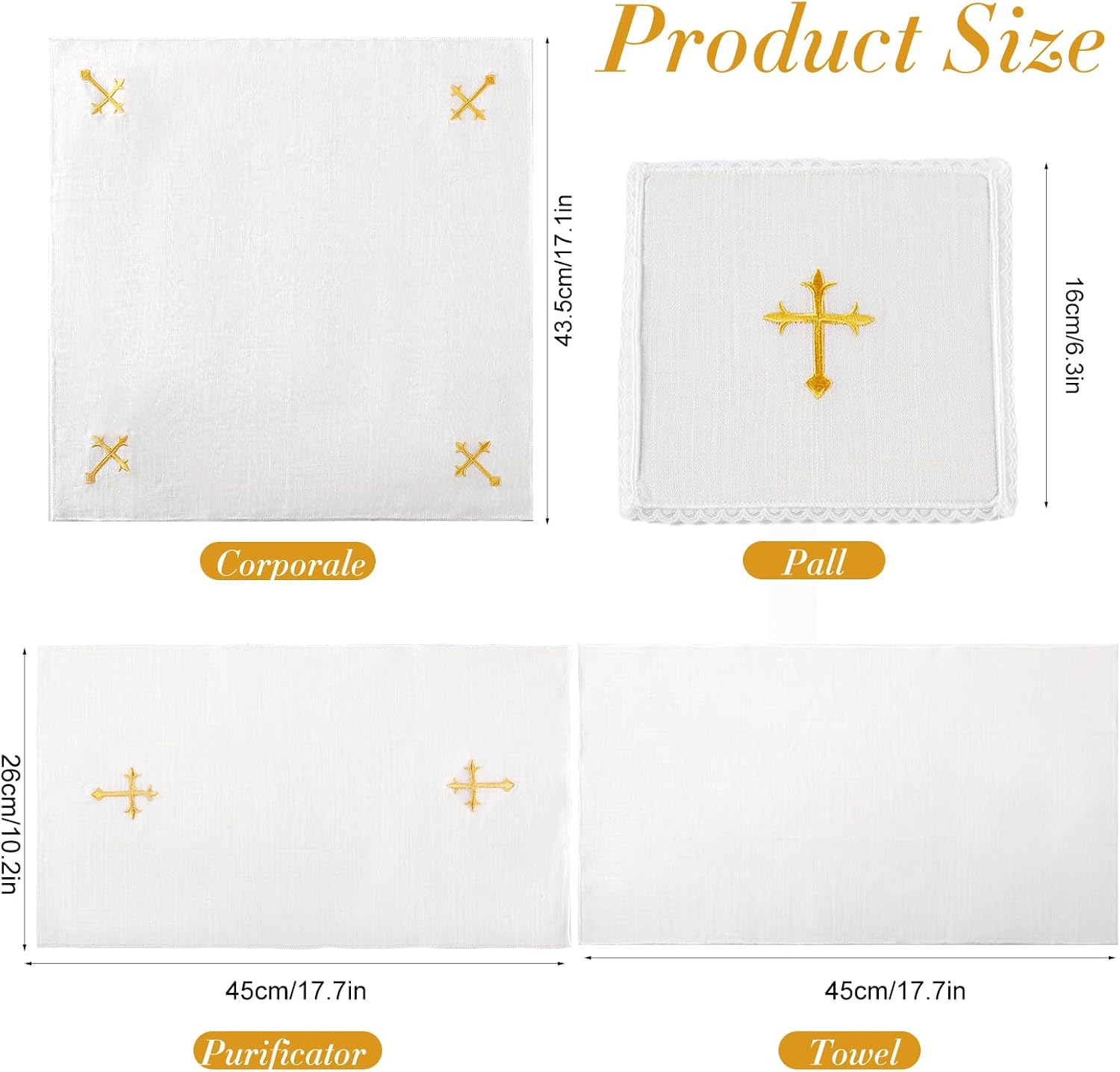 4 Pcs Altar Supplies Linen Corporal for Churches Set(Pall,Corporal,Purificator,Towel),White Linen Altar Cloth Gold