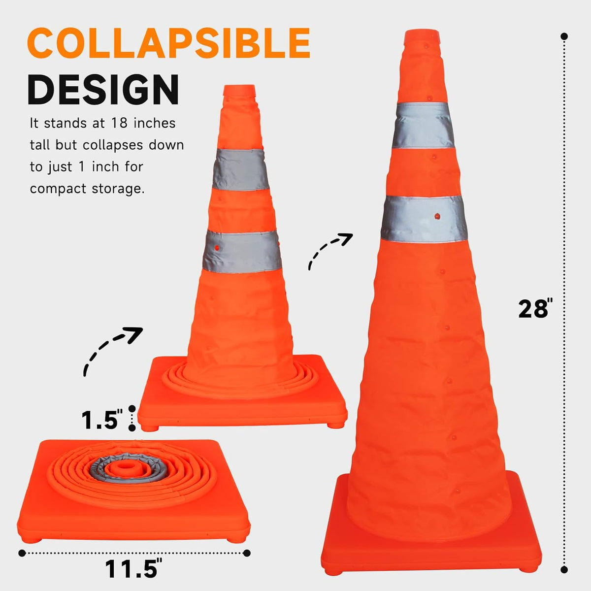 Collapsible Traffic Safety Cones, [4 Pack] 28 Inch Orange Cones, Multi Purpose Pop-up Cones with Reflective Collar