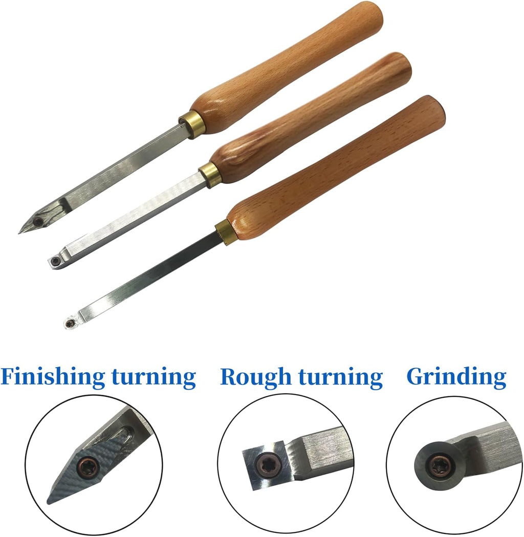 Woodturning Carbide Lathe Tools, Wood Turning Tool Set of 3 Rougher Detailer Finisher Carbide Lathe Tools for