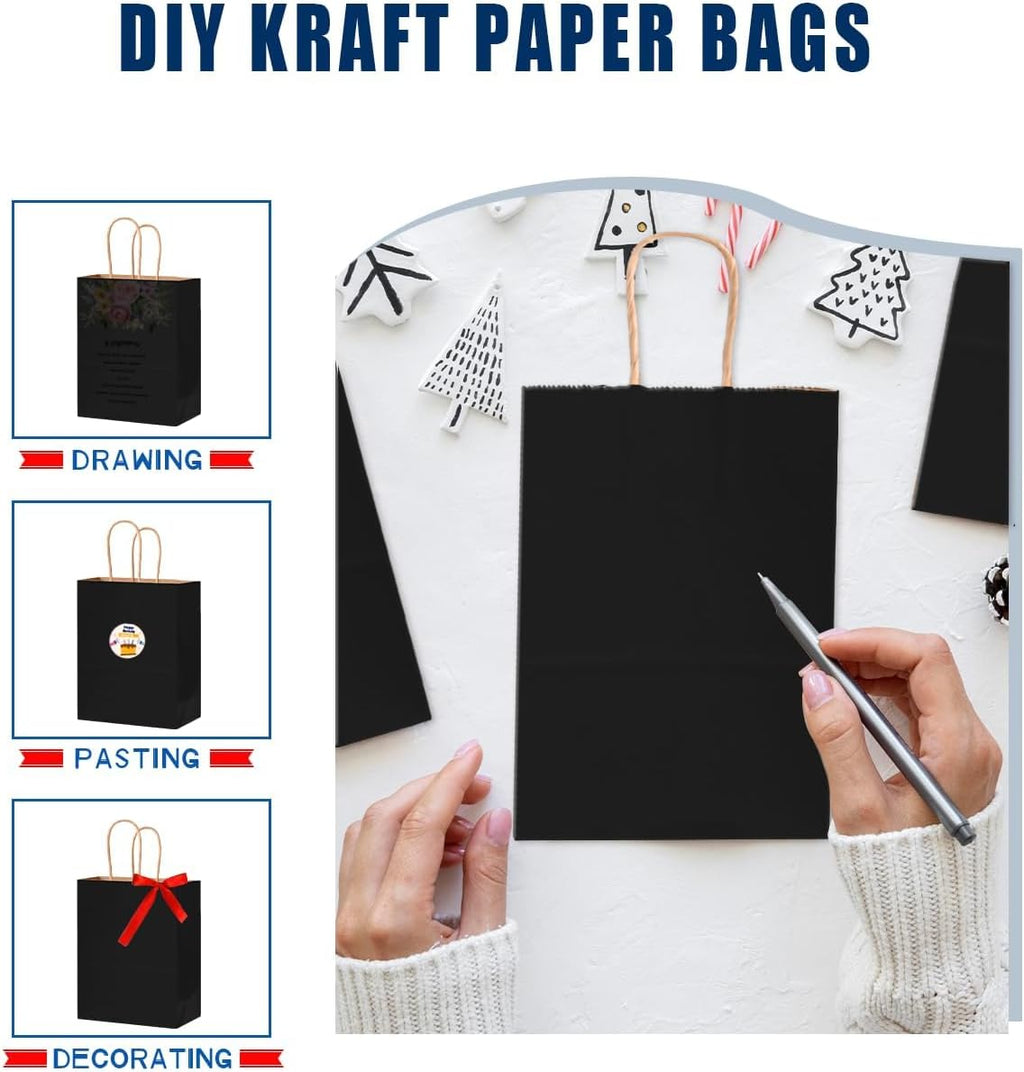 100-Pack Medium Size Gift Paper Bags with Handles Bulk 10.6"x8.3"x4.3" Black Party Kraft Shopping Bags