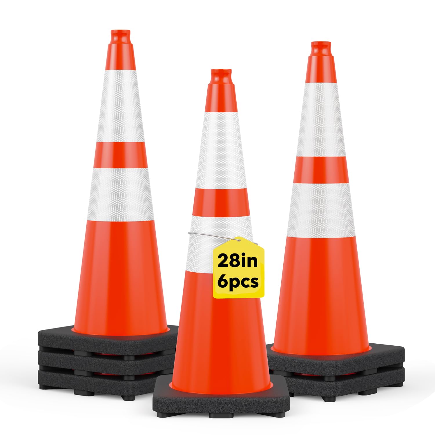 6 Pack 28" Traffic Cones with Weighted Base, Orange | Reflective Strip Aids Visibility; Stackable Storage; PVC