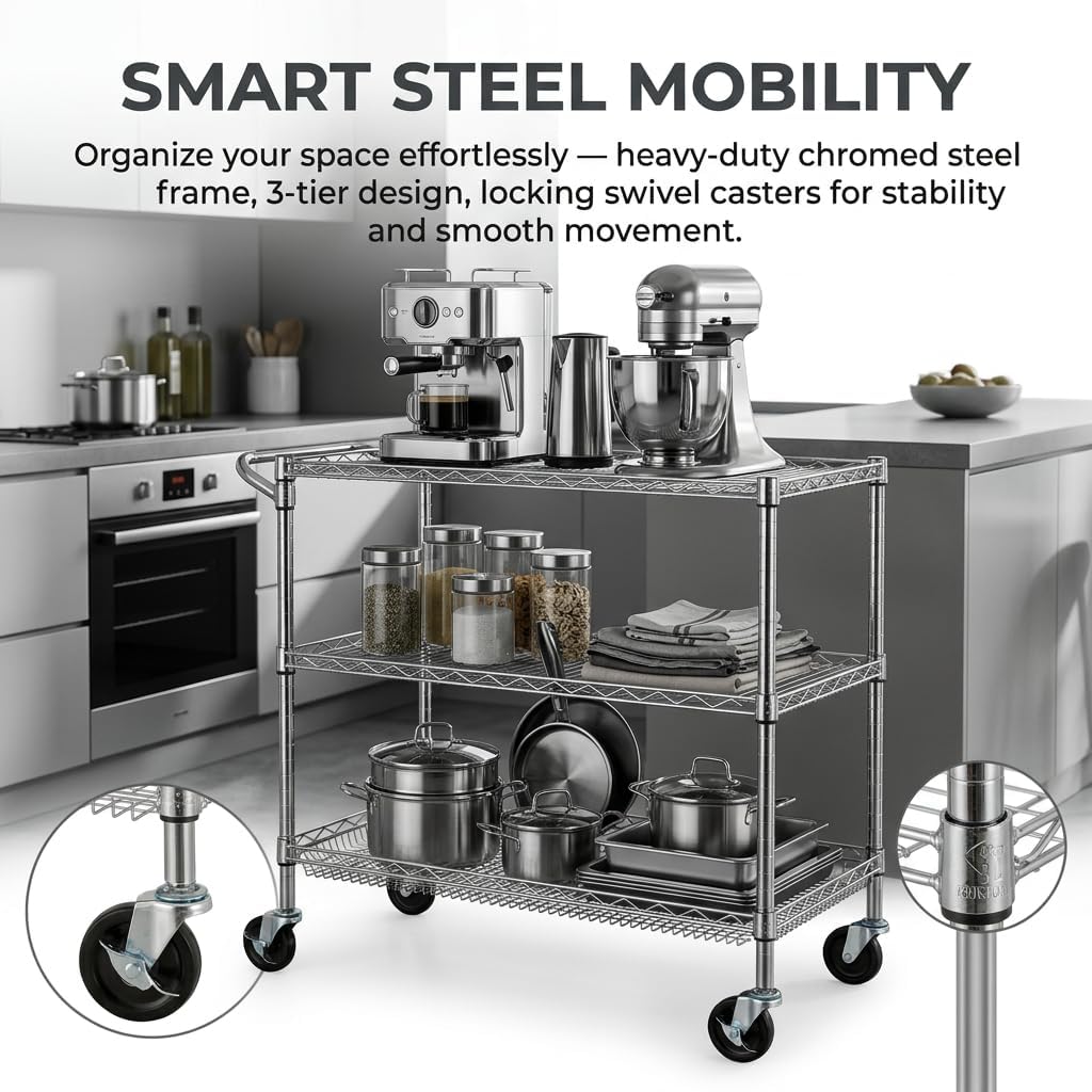 3 Tier Heavy Duty Commercial Grade Utility Cart, Wire Rolling Cart with Pushing Handle Bar, Steel Metal Kitchen