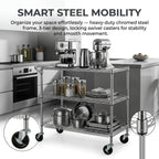 3 Tier Heavy Duty Commercial Grade Utility Cart, Wire Rolling Cart with Pushing Handle Bar, Steel Metal Kitchen