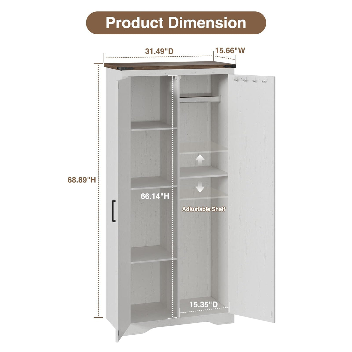 68.9" Broom Closet Storage Cabinet, Large Utility Closet, Antique White