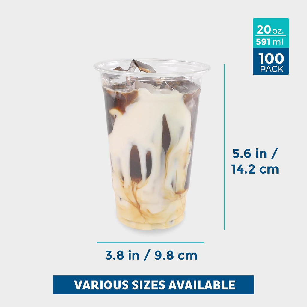 Clear Plastic Cups [100 Pack - 20 oz] Disposable Cups for Iced Coffee, Smoothie, Milkshake, Cold Drinks