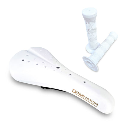 Dominator BMX Seat White Old School BMX Bicycle Saddle with One Pair 145mm BMX Flange Grips Bundle Kit