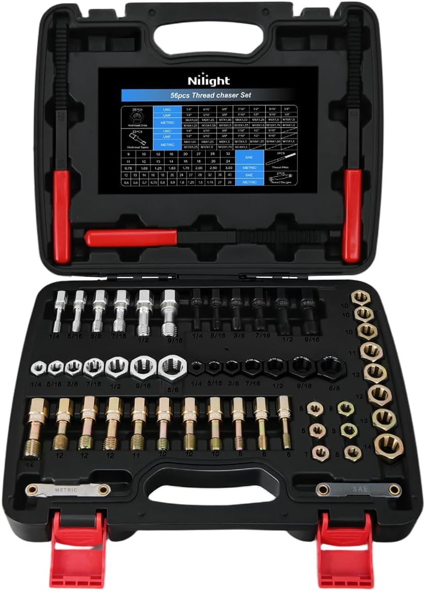 Nilight 56PCS Thread Chaser Set SAE Metric Universal UNC UNF Sizes