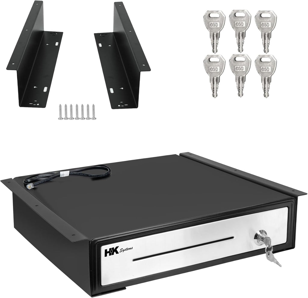 16" "Stainless Steel" Front Heavy Duty Black POS Cash Drawer with 5Bill/5Coin with Under Counter Mounting Metal Bracket