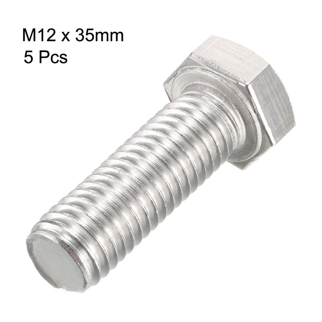 uxcell M12x35mm Hex Bolts 304 Stainless Steel Hexagon Screw Bolts 5pcs