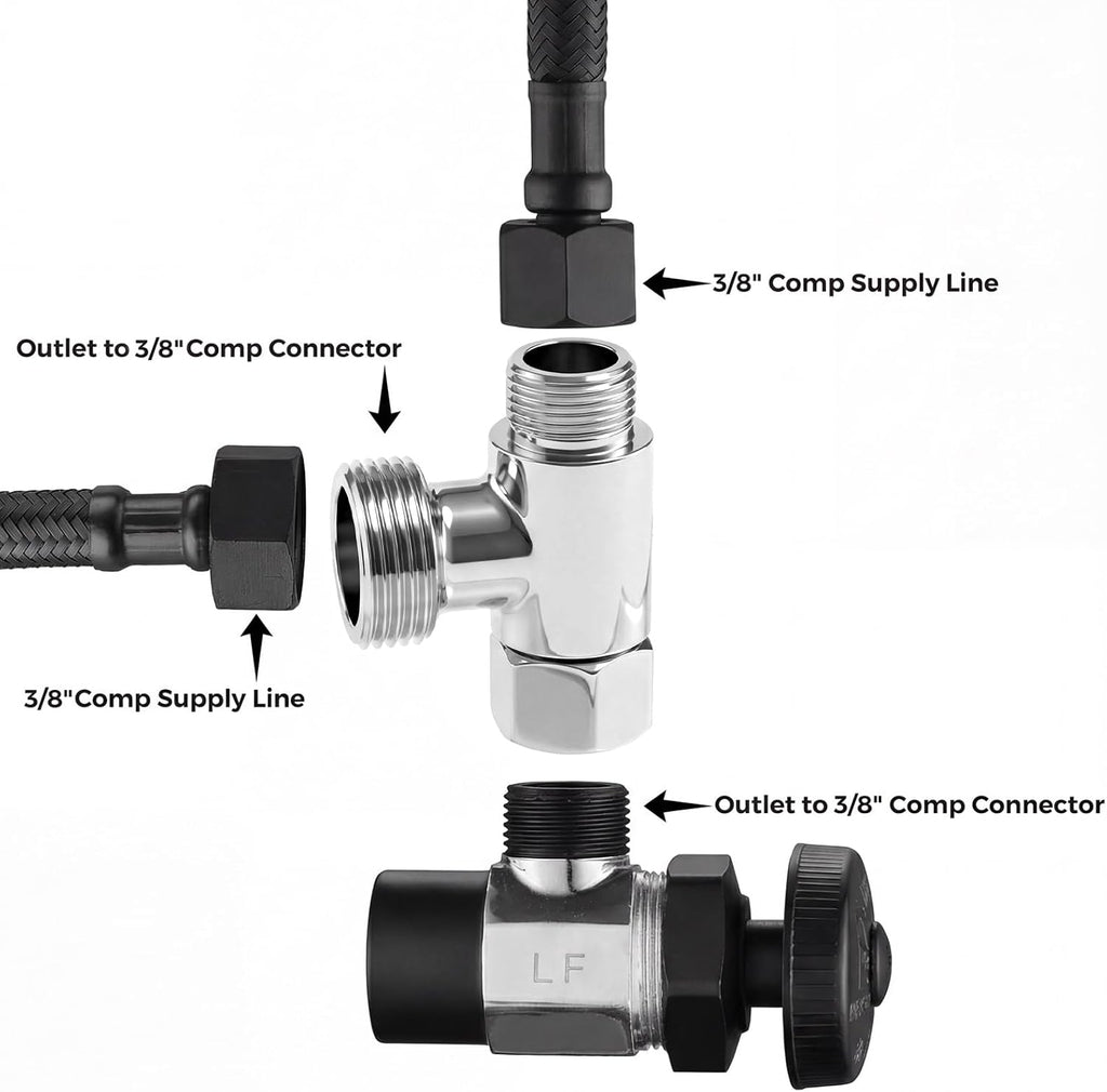 3/8 Compression Tee Valve Adapter, Brass 3 Way Adapter Tee Connector Angle Stop Water Line Connector T Pipe Fitting, Silver