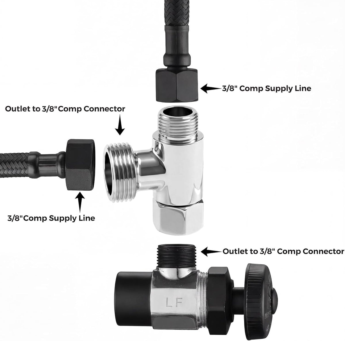 3/8 Compression Tee Valve Adapter, Brass 3 Way Adapter Tee Connector Angle Stop Water Line Connector T Pipe Fitting, Silver