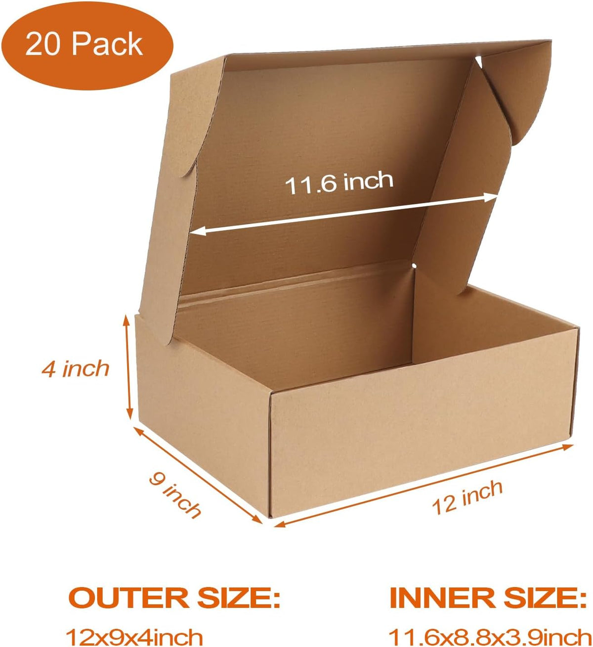 20 Pack 12x9x4 inch Cardboard Shipping Boxes, Brown Gift Boxes