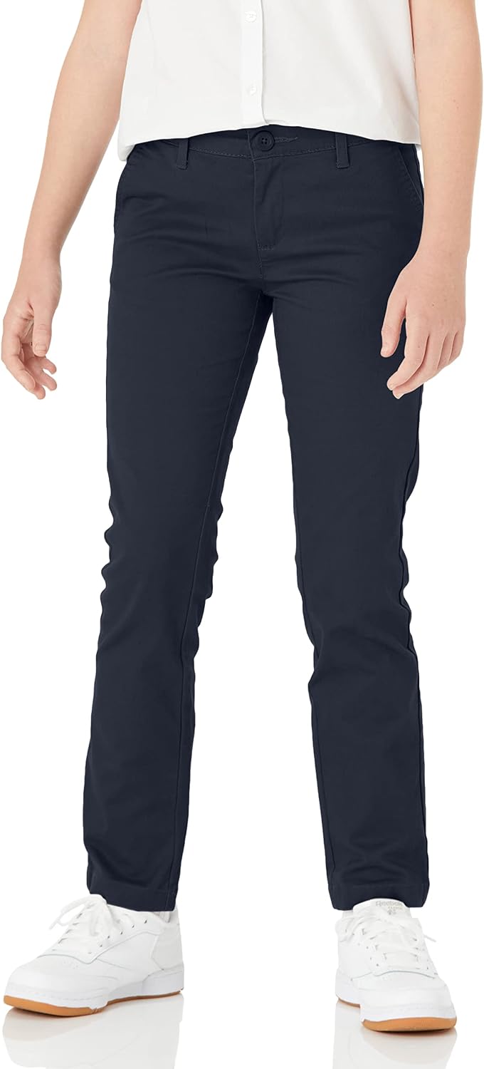 Girls and Toddlers' School Uniform Straight Leg Adjustable Waist Flat-Front Chino Pants, Pack of 3
