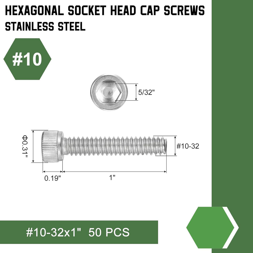 uxcell 50Pcs #10-32x1 Hex Socket Bolts 304 Stainless Steel Silver
