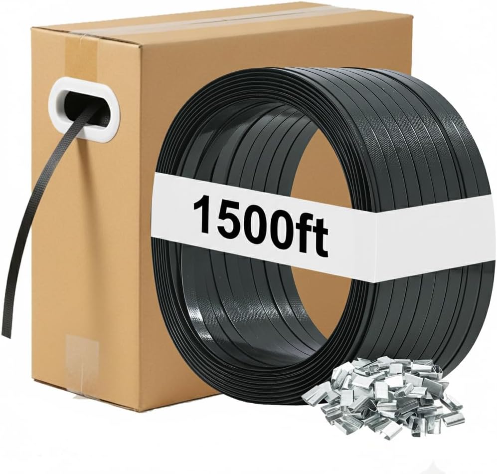 5/8" x1500 ft Black PET Strapping Kit with Self-Dispensing Box &100 Buckles