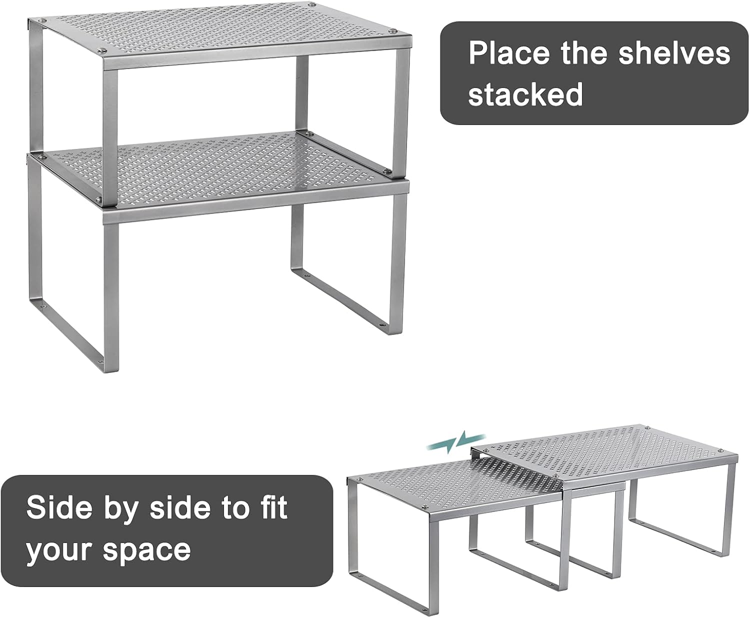 Kitchen Shelf Organizer for Counter Cupboard Pantry, Set of 2 Cabinet Shelf Organizer Spice Rack, Stackable, Metal