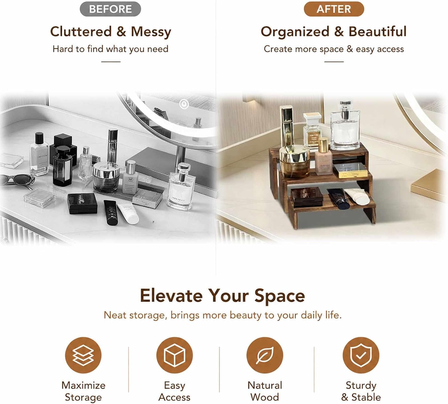 3-Tier Wooden Display Risers, Tiered Display Stand, Shelf Risers for Table Display, Small Wood Display Shelf (1